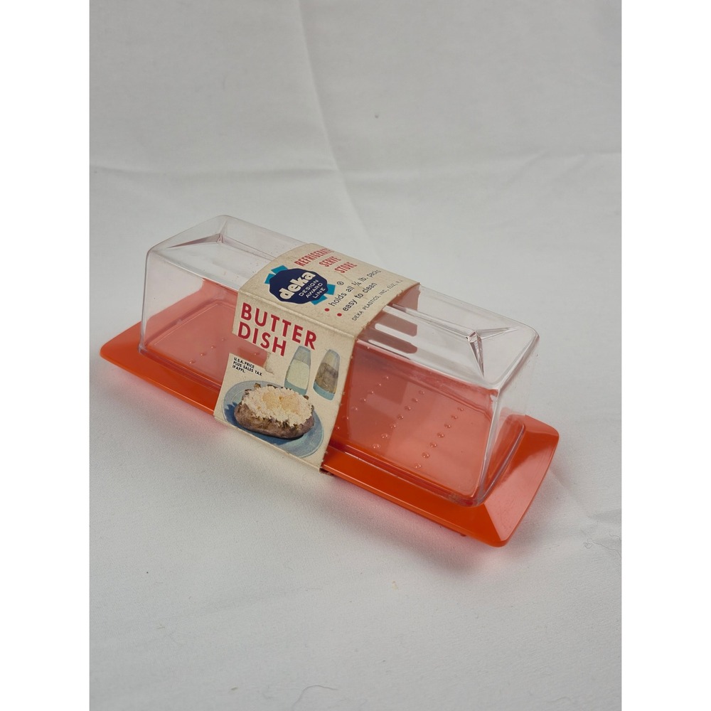 Deka Vintage Orange Butter Dish Acrylic Cover NOS Mid Century Kitchen Retro MCM